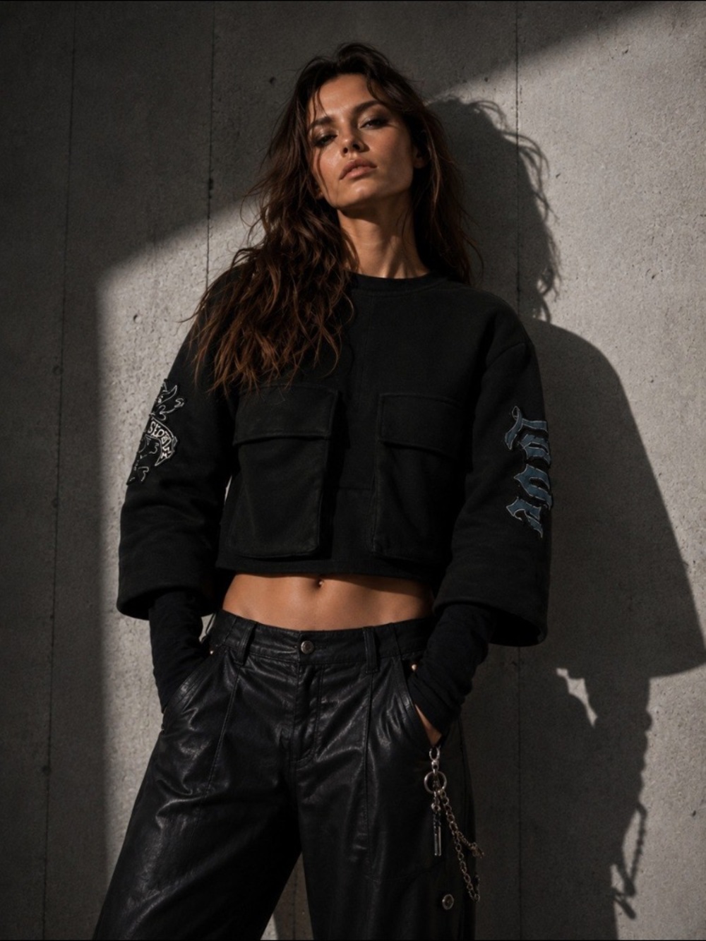 Cropped Black Utility Sweatshirt Jacket - Women